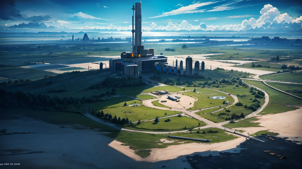 create a scenario of the entrance to a cosmodrome. This cosmodrome is futuristic and has been shaken. make him deteriorate. RPG map seen from above. the scene must be small and seen up close