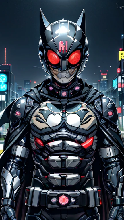 (8k),(masterpiece),(Japanese),(8-year-old boy),((innocent look)),((Childish)),From the front,smile,cute,Innocent,Kind eyes,Flat chest, black helmet,black domino mask, black cape,Batman, short,Black Hair,Strong wind,night,dark, Neon light cyberpunk city,Kamen rider,camisa