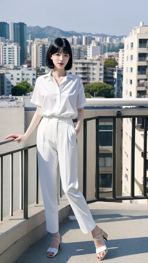 A young Korean woman with black hair, pale skin, thin body. She is wearing a chic white shirt and chic pants. She is looking at the viewer, and her easy expression is sensual. Full body. The setting is an apartment balcony with the city in the background. Masterpiece, high quality.