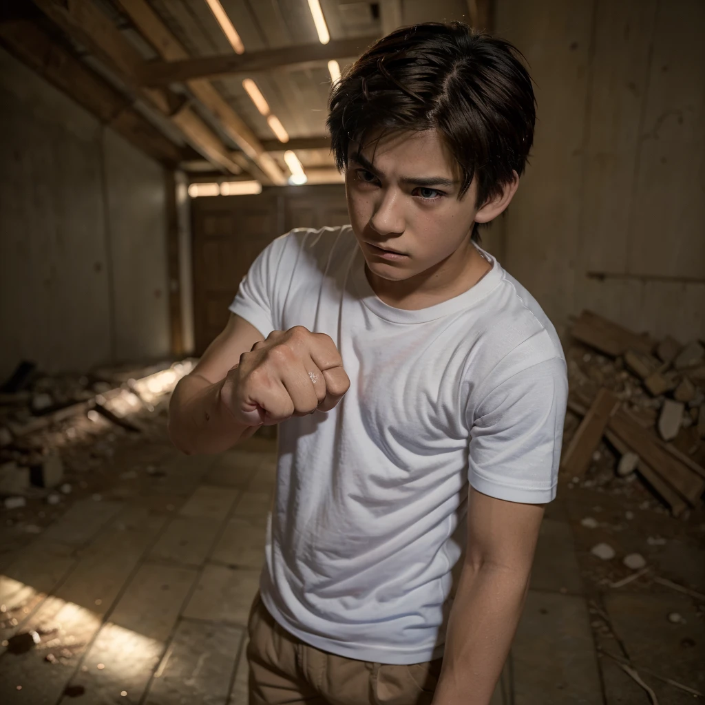 ((Best Quality)), ((Masterpiece)), (detailed, ((anime)) a 15 year old anime protagonist standing with a tired look but showing determination and a small red aura emanating from around his fists, and that he is in a position to give another blow with his fists, while around the protagonist there is destruction.
