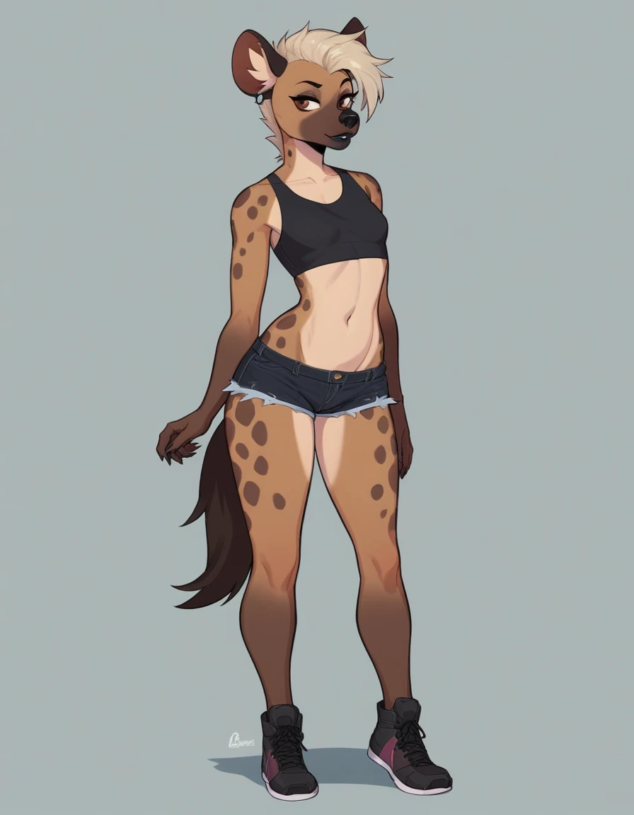 Solo, score_9,score_8_up,score_7_up, flat colors, source_furry, a tall female spotted hyena, brown snout, black nose, brown eyes, short spiked undercut platinum blonde hair, black lips, hyena tail, brown hyena ears, small breasts, feminine hourglass figure, full body shot, standing, wearing black crop top, black short shorts, simple grey background 