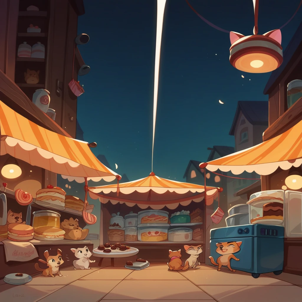 An animated Pixar Disney artwork with several beer stands, refrigerator, cake, BBQ, lanches, chocolates, with adults, children, cats and dogs Text CONDOMINIUM FAIR