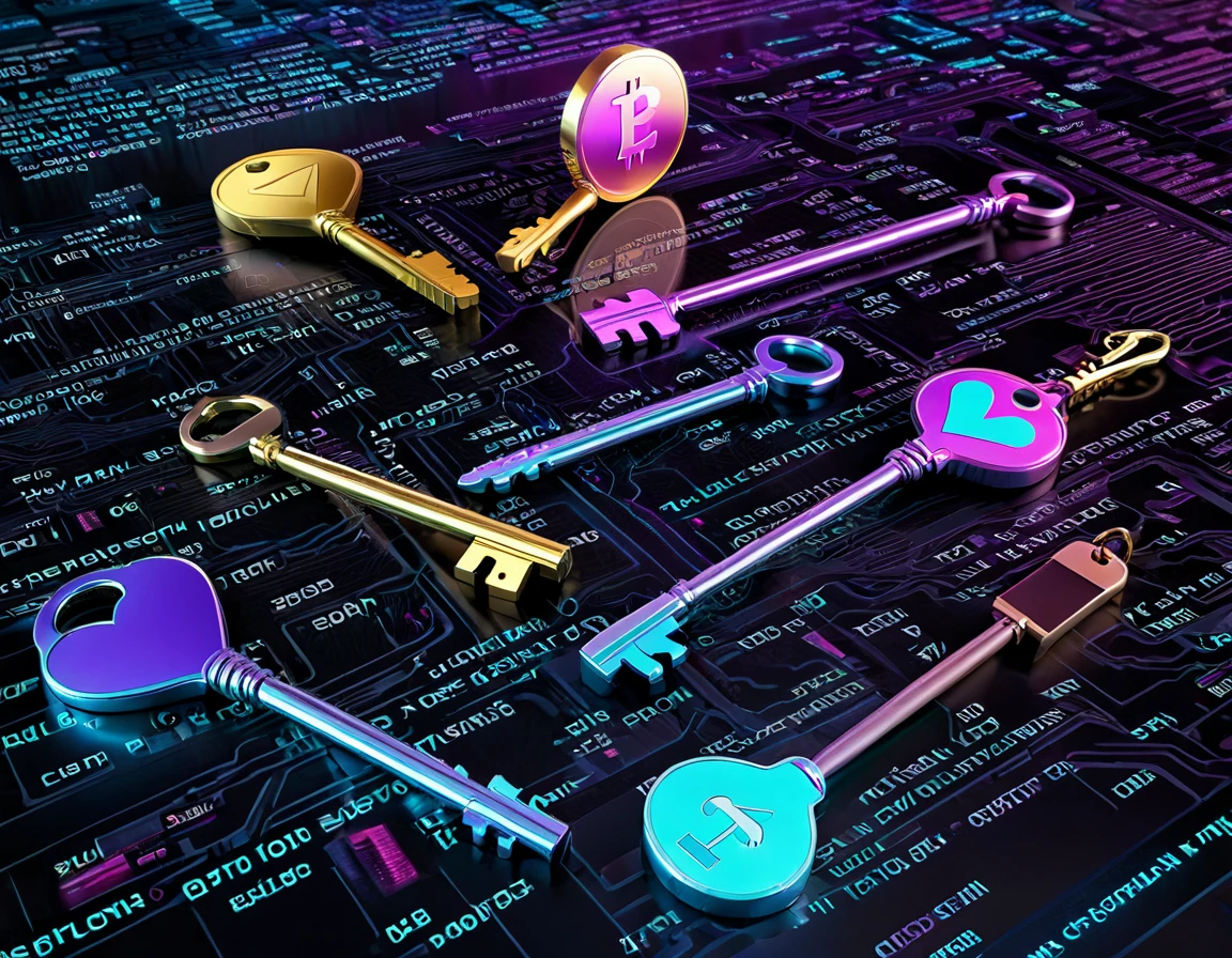 [Crypto Key emoji] Explore the world of cryptocurrency as a source of financial dominance. Visualize a mysterious, cyberpunk-inspired setting where gigantic cryptographic keys float in the air, emitting a soft glow. Each key represents a different form of digital wealth and control. Aim for hyperrealistic rendering to capture the intricate details of the keys and their reflections. This 8K image should convey the enigmatic power associated with the world of cryptocurrencies in the realm of findom.