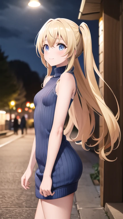 masterpiece, best quality, highres, aapri, long hair, small breasts, sweater dress, ribbed sweater, virgin killer sweater, turtleneck, sleeveless, outdoors, standing, night, street,