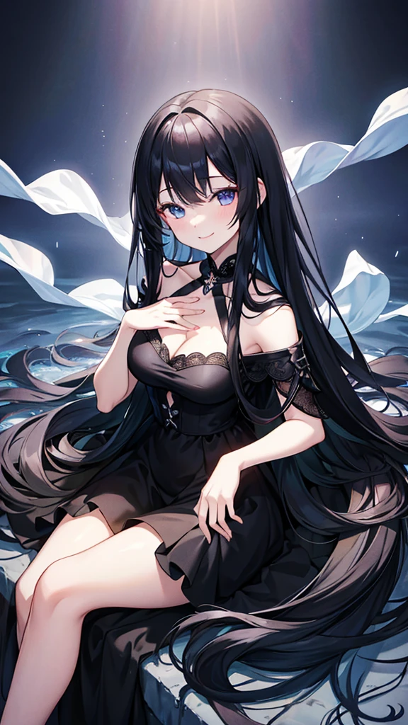 Black Hair、long hair、Iris、smile、Black dress、deep sea、Invitation、4K、high resolution、masterpiece