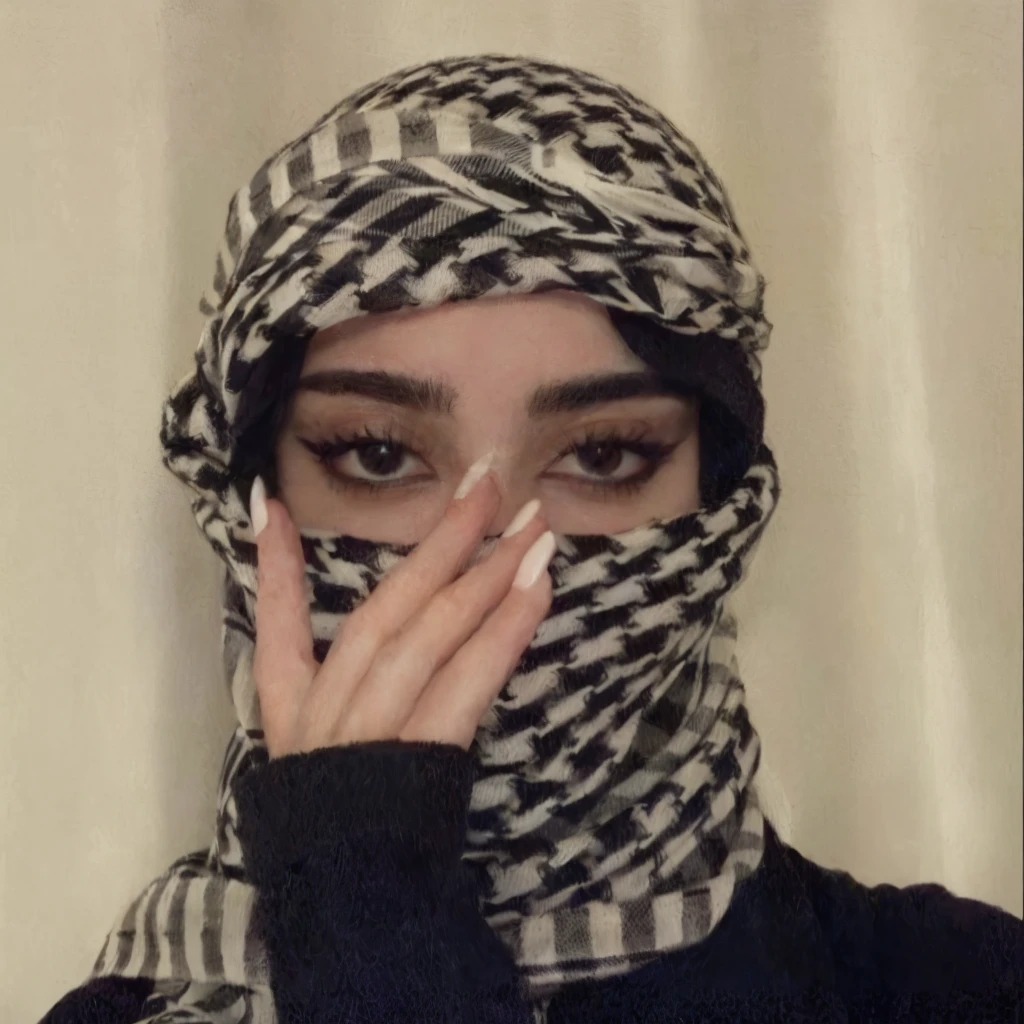 Arafed woman wearing a black and white scarf covering her face., Arabic inspired, Covered face, The face is wrapped in a black scarf., jungkook, BTS group, kpop idol portrait, realism artistic style, beautiful androgynous prince, BTS, delicate androgynous prince, inspired by jungkook jeon young pale angel