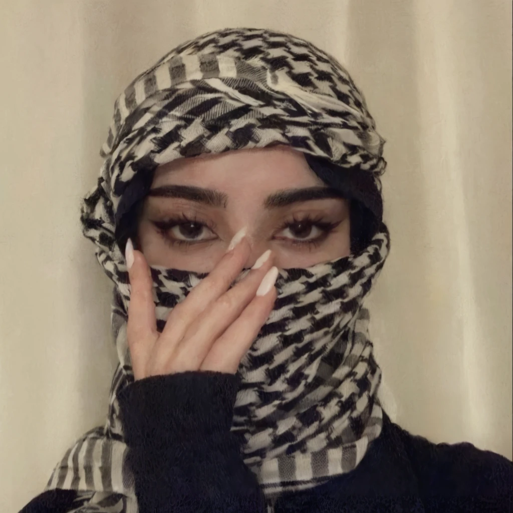Arafed woman wearing a black and white scarf covering her face., Arabic inspired, Covered face, The face is wrapped in a black scarf., jungkook, BTS group, kpop idol portrait, realism artistic style, beautiful androgynous prince, BTS, delicate androgynous prince, inspired by jungkook jeon young pale angel