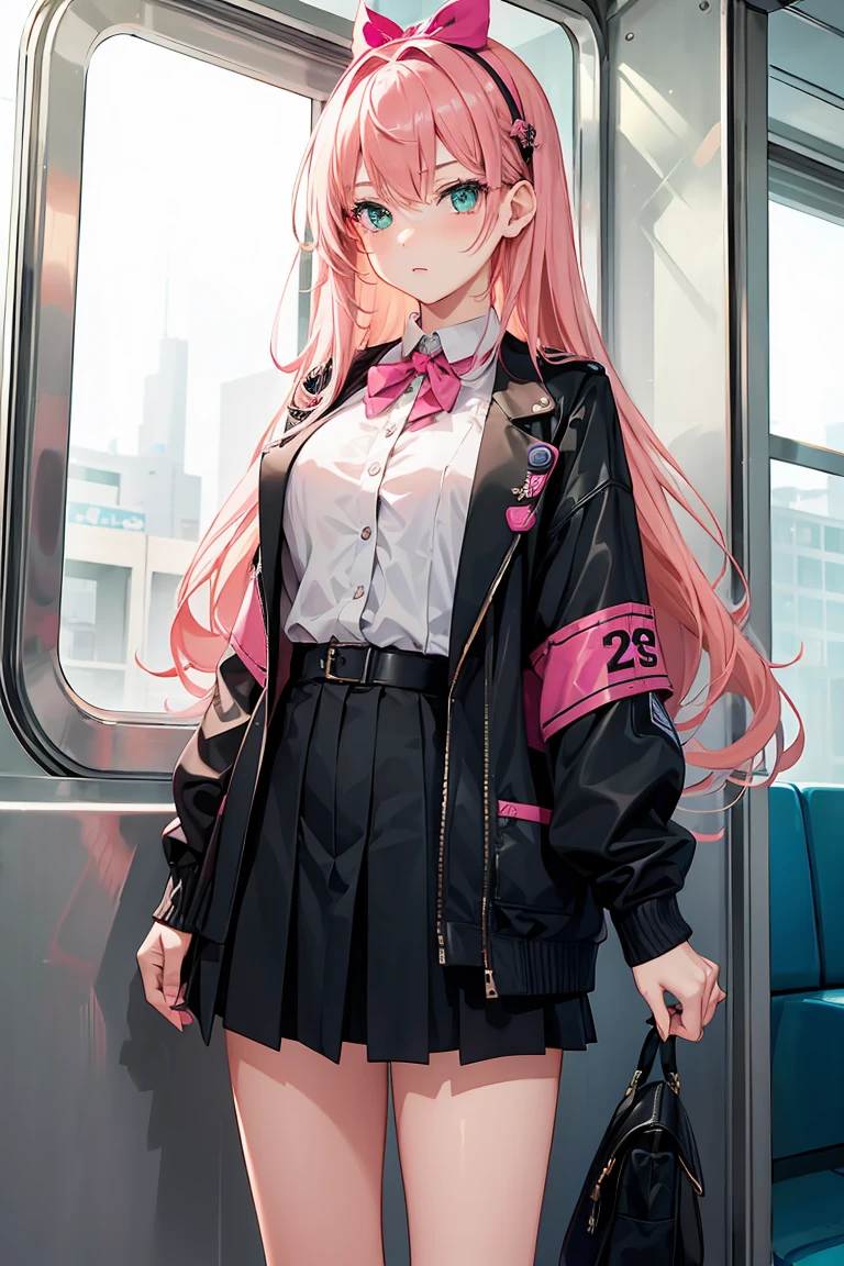 ((1 Girl)), in the train, Snickering, blush, Latest Fashion Trends, Street fashion,Jacket, Open chest,Cool look, Fashionable skirts,Relaxed pose,Cowboy Shot,((Very detailed,Highest quality, High resolution, 8k wallpaper, Beautiful clothes,)),((Pink Hair, Long Hair,Straight hair, hair accessory)), (Green Eyes),eye shadow, eyeliner,Glowing Eyes, Very detailedな目, Complex eyes, Beautiful Eyes, 18-year-old girl.