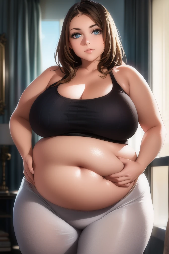 (masterpiece quality1.1), (insanely sophisticated detailed1.2), (realistic detailed beautiful face1.3), (1girl), beautiful face, RAW photo, best quality, high resolution, (masterpiece), POV, messy brunette hair, standing in bedroom, skintight taut white tank top, skintight cotton beige pj pants, ((enormous belly)), ((impossibly gigantic overstuffed belly)), (photorealistic:1.4), dynamic volumetric lighting, professional photography, sharp focus, HDR, 8K resolution, beautiful angular face, high rating, intricate detail, sophisticated detail, depth of field, detailed soft eyes, big eyes, chubby, soft fat, smooth skin, tight clothes, undersized clothes, (correct anatomy1.6), ((hyper swollen belly1.5))