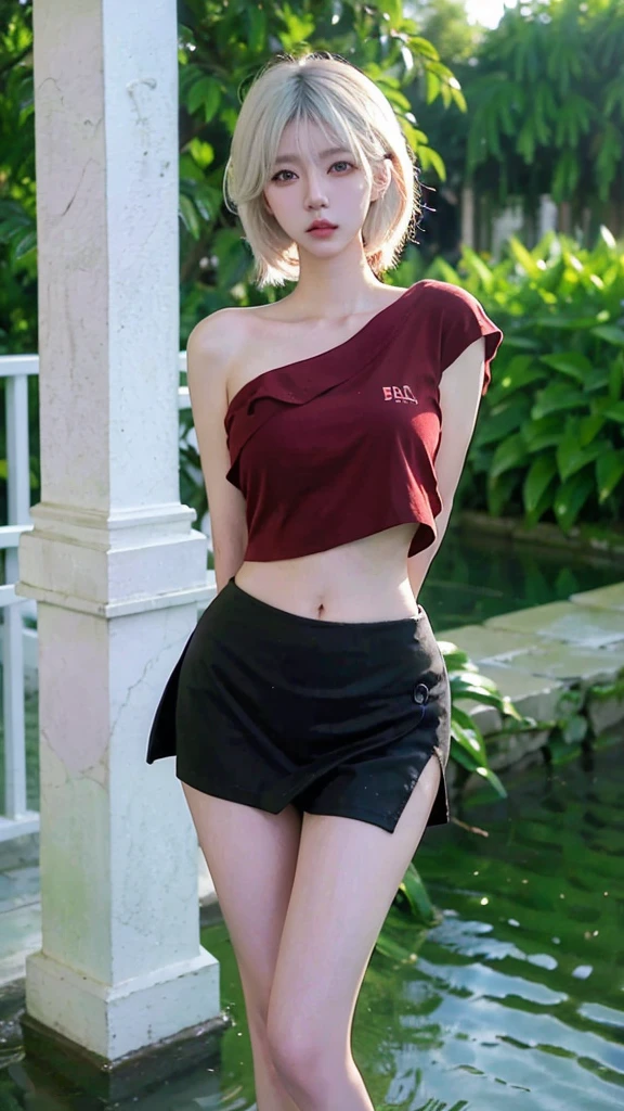 Beautiful woman with perfect figure:1.4,Ultra-high resolution,White legs,Put your hands behind your back,Swimming background,Big breasts:1.6,(Realism:1.4),perspective,Layered hairstyle,Snow white skin,JK:1.5,Super short pleated skirt,whole body:1.4,Very delicate and skin texture,Double eyelids,Skin Whitening,Long hair,White hair
