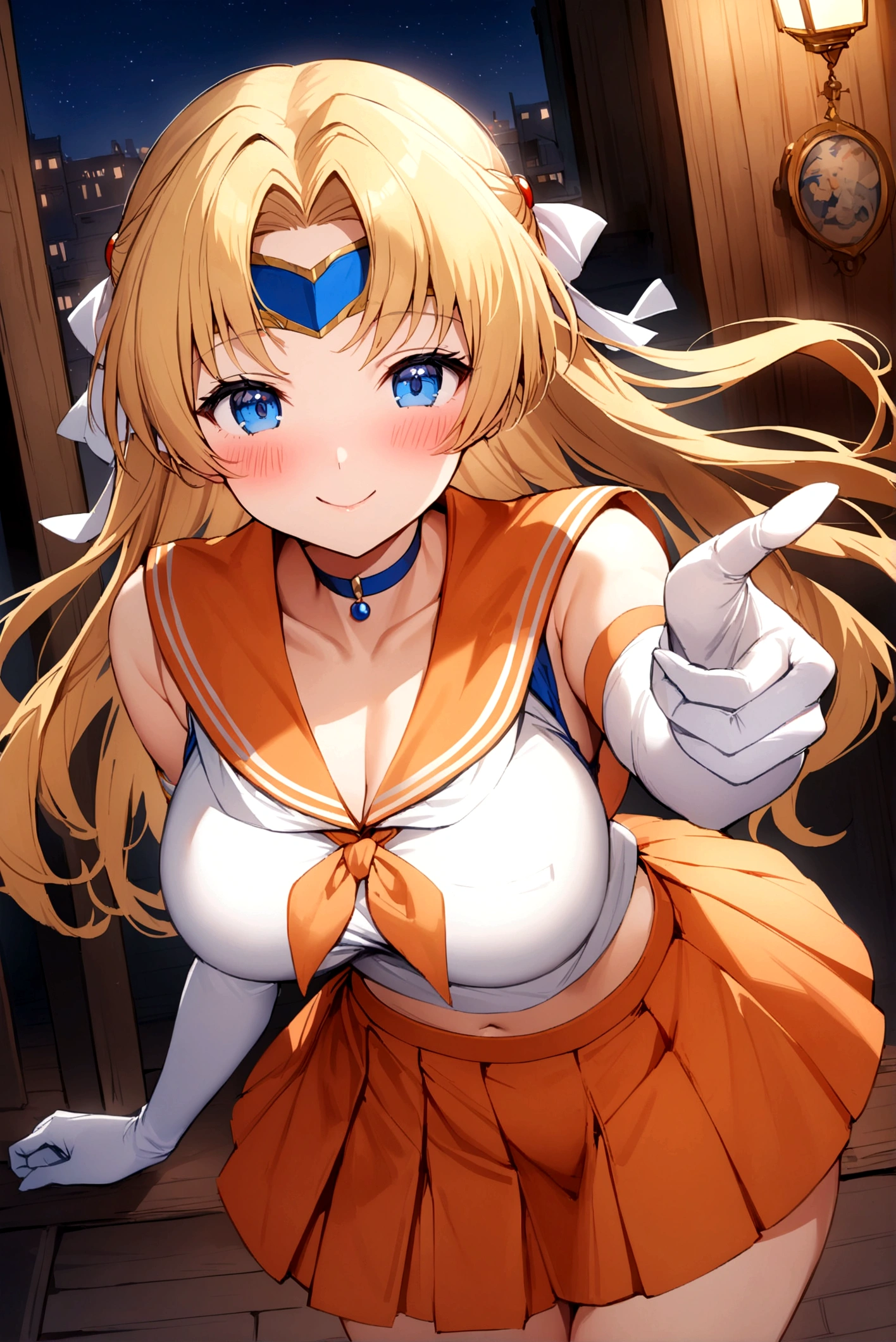 One girl, EPsm Sailor Venus, Big Breasts,(Long blonde hair, blue eyes, blush, Sailor Warrior Uniforms, White elbow gloves, Hair Ribbon, Circlet, choker, Orange Skirt, Orange sailor collar, Medium chest:1.2), Cute pose, justice, night, smile, masterpiece, Highest quality, detailed background, Intricate details, detailed