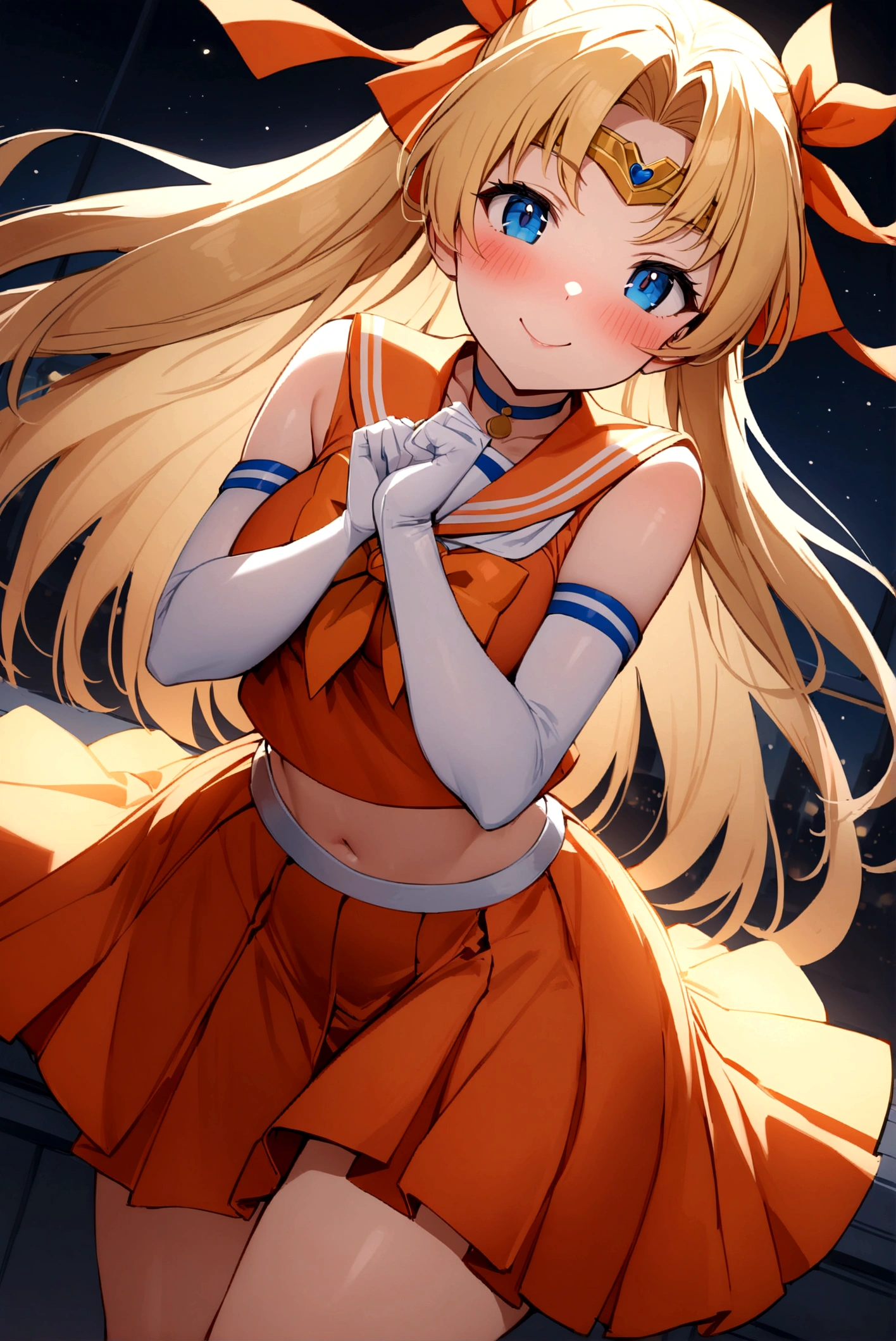 One girl, EPsm Sailor Venus, Big Breasts,(Long blonde hair, blue eyes, blush, Sailor Warrior Uniforms, White elbow gloves, Hair Ribbon, Circlet, choker, Orange Skirt, Orange sailor collar, Medium chest:1.2), Cute pose, justice, night, smile, masterpiece, Highest quality, detailed background, Intricate details, detailed