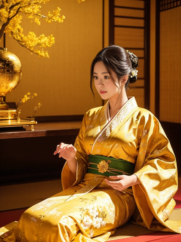 大きい胸、 kimono、Cinematic atmosphere、Professional composition、Natural Body、fantasy,sitting in front of a golden screen、flower arrangement、tatami、looking at the camera