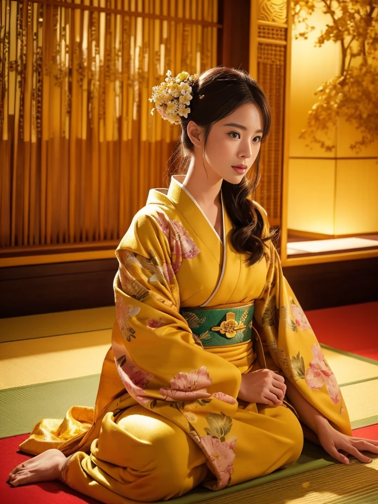 大きい胸、 kimono、Cinematic atmosphere、Professional composition、Natural Body、fantasy,sitting in front of a golden screen、flower arrangement、tatami、looking at the camera