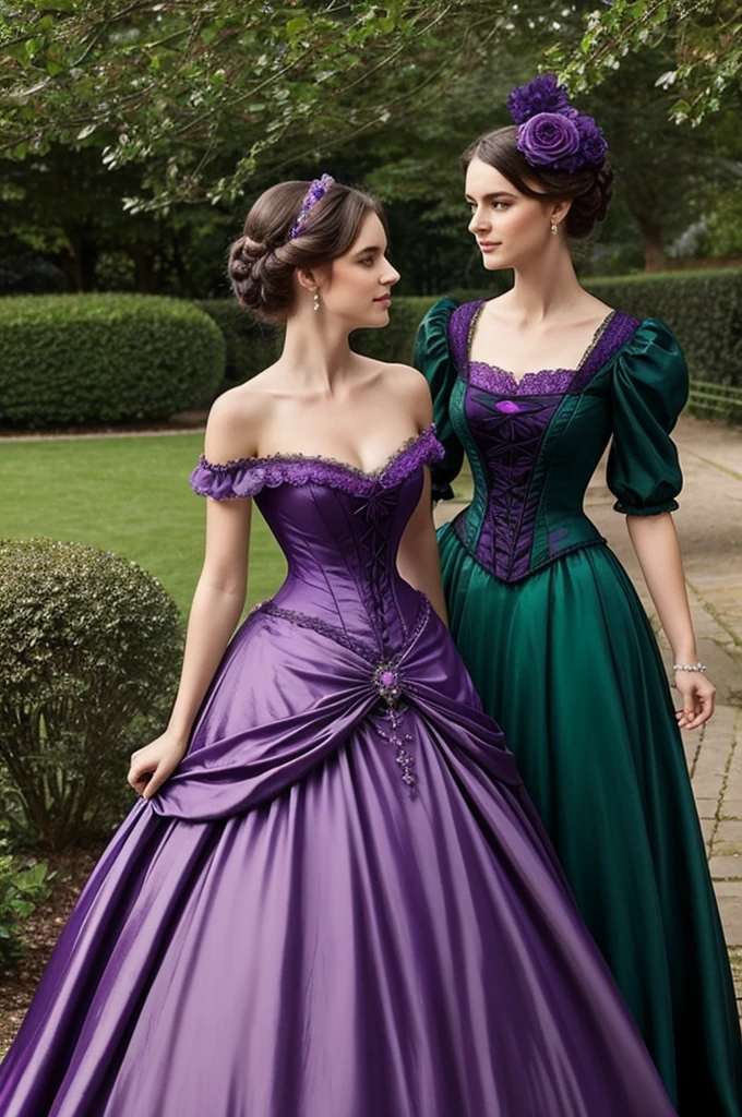 You could create a Victorian ball gown, with purple and green colors, where the purple stands out more, that the dress reflects character but also a lot of femininity