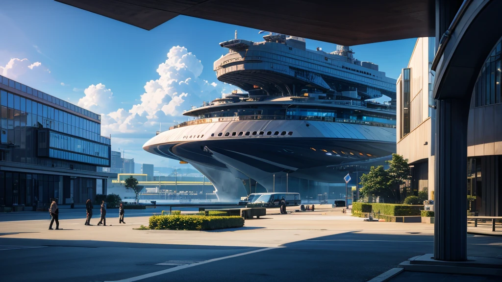 create a scenario of the entrance to a ship base. as if it were an airport for ships. futuristic scenario of this organization's square. It must be an RPG scenario.