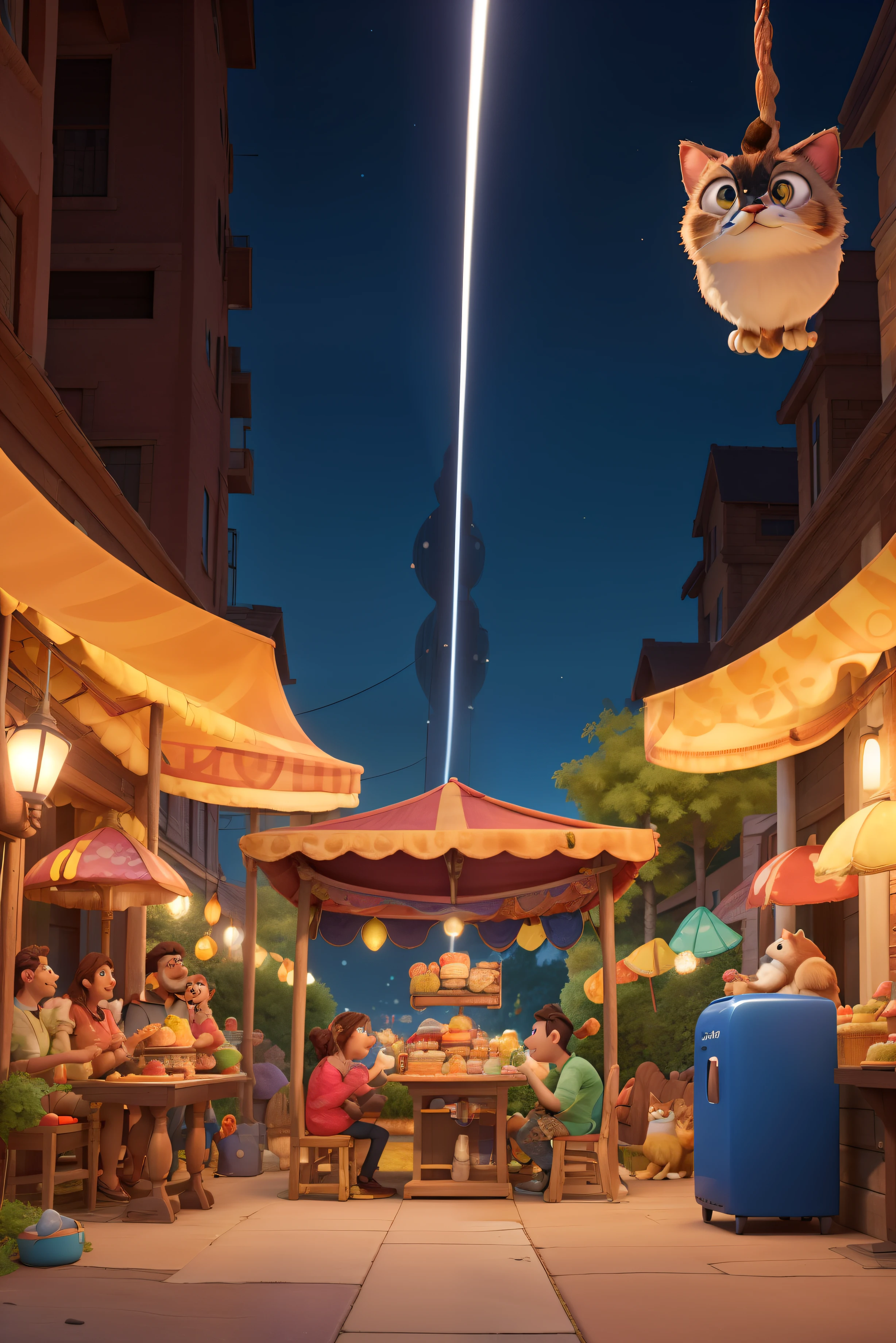 An animated Pixar Disney artwork with several beer stands, refrigerator, cake, BBQ, lanches, chocolates, with adults, children, cats and dogs Text CONDOMINIUM FAIR