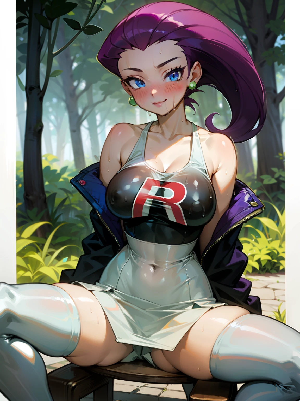 (Masterpiece), Best Quality, ultra-detailed, 1girl (jessie pokemon, Big and pretty breasts, , purple hair, chignon,blue eyes), a lovely face ,facing viewer, looking at viewer,lovely smile, nose blush, blush, solo, black jacket, white Tank_top(wet,see-through), navel, black pleats skirt, ultra mini skirt, white lace thighhighs, in the forest, night time, straddle, sitting on floor, glass, spread legs, Sexy waist teasing
