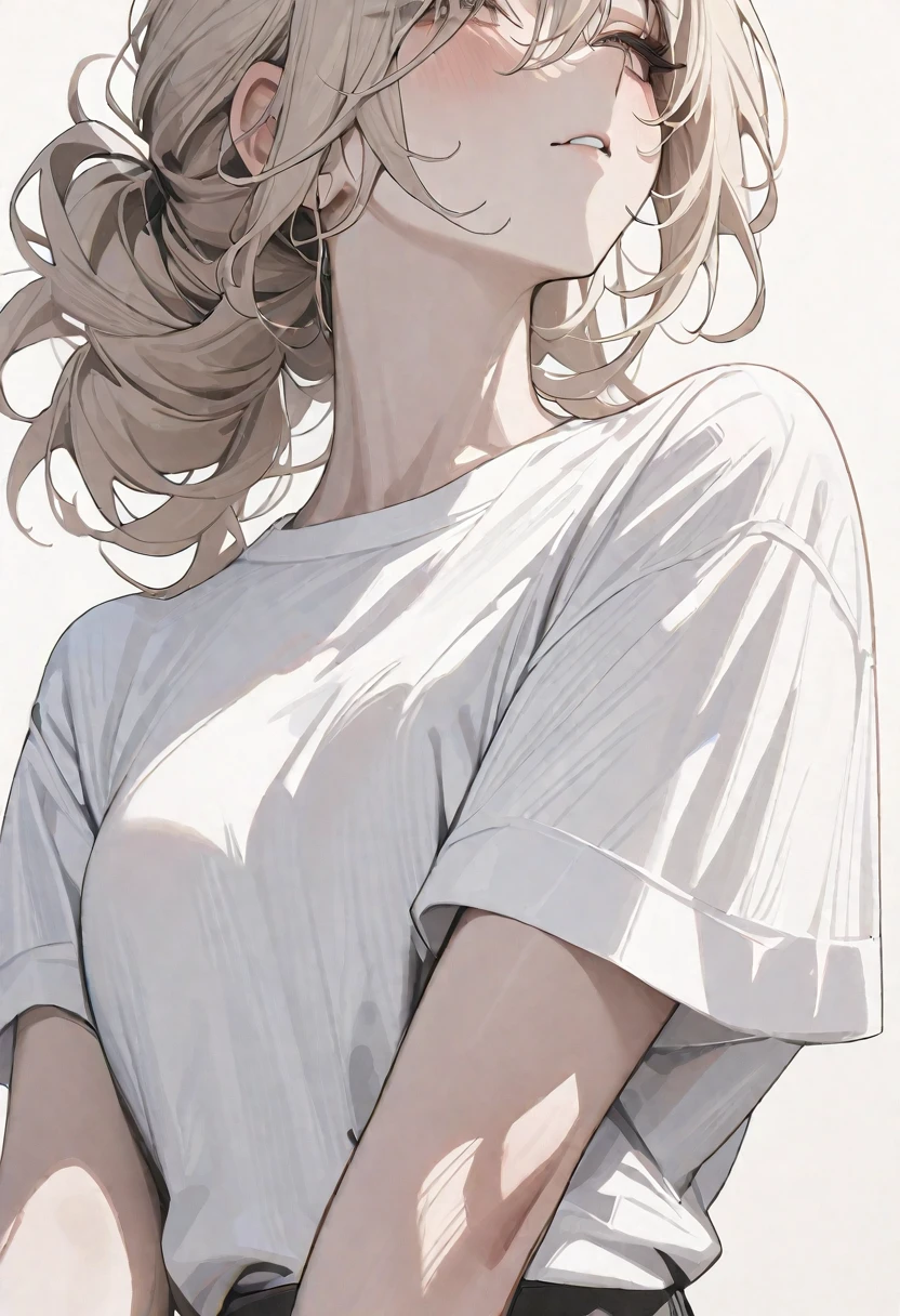 (masterpiece, highest quality,:1.2), One girl, (alone:1.3), Upper Body, White shirt, Short sleeve, , ( Best aesthetics, new, newest, highest quality, masterpiece:1.2), soft_Lighting, soft_skin_tone, woman_hair, (White Background, Simple Background,:1.2),