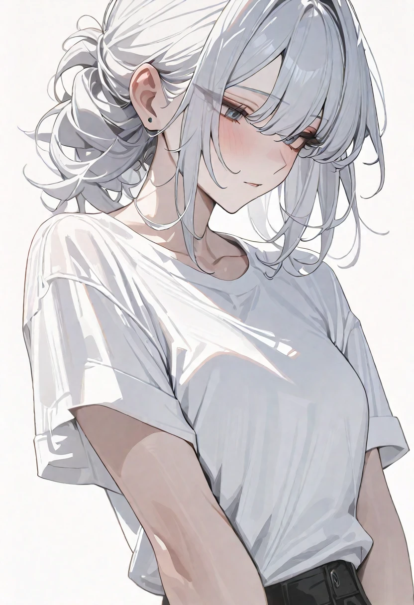 (masterpiece, highest quality,:1.2), One girl, (alone:1.3), Upper Body, White shirt, Short sleeve, , ( Best aesthetics, new, newest, highest quality, masterpiece:1.2), soft_Lighting, soft_skin_tone, woman_hair, (White Background, Simple Background,:1.2),