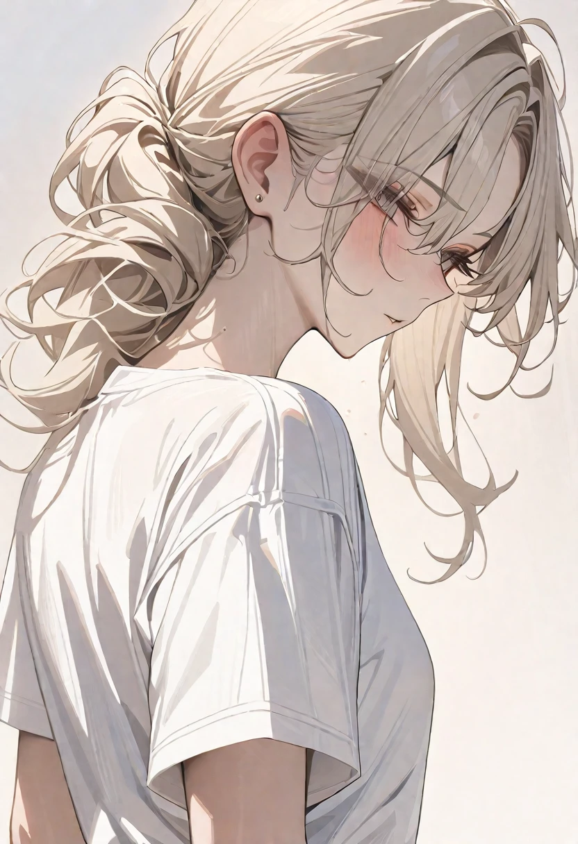 (masterpiece, highest quality,:1.2), One girl, (alone:1.3), Upper Body, White shirt, Short sleeve, , ( Best aesthetics, new, newest, highest quality, masterpiece:1.2), soft_Lighting, soft_skin_tone, woman_hair, (White Background, Simple Background,:1.2),