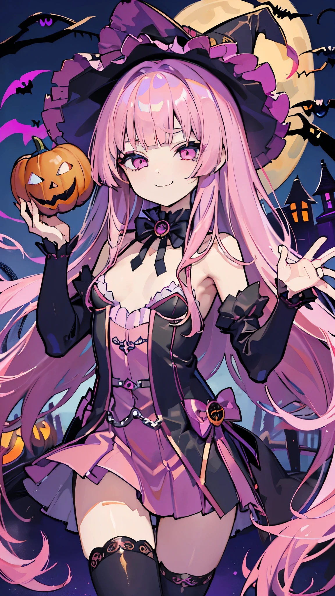 (masterpiece、Highest quality、Very detailed))、One girl、Pink Hair、Long Hair、blunt bangs、Pink eyes、evil smile、((Small breasts))、Witch Hat、((Halloween Costumeiniskirt))、thighhighs、Cowboy Shot、((night))、Graveyard Background
