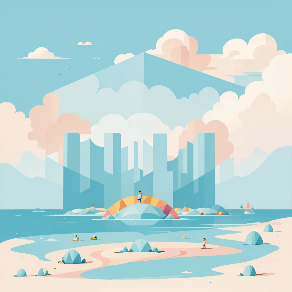 Abstract summer illustratin, minimal, vector, combination of natural and geometric, two-dimensional, using more color code 00CCCC tone, cyan pastel color