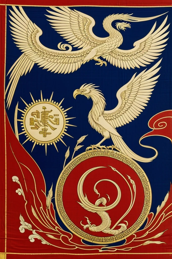 An elegant and sophisticated flag ,that has a phoenix as the protagonist in the ancient Chinese style