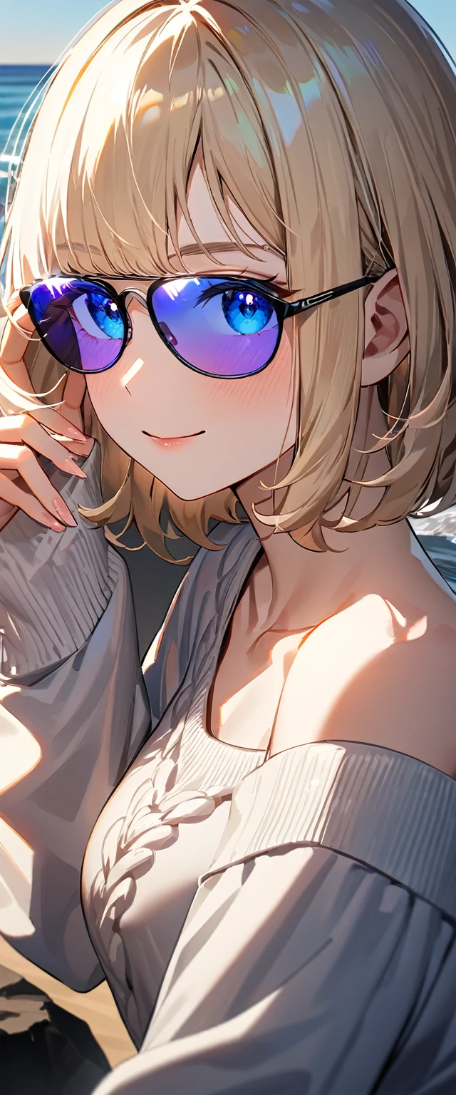 (((One girl))), (((portrait, face))), ((outward curled hair)), from side:1.3, sea, beach, Sunset, evening, ((Sitting on a cliff)), head tilt:1.3, ((aran sweater)), wavy hair, blond hair, ((sunglasses, hand to sunglasses)), (bob cut:1.3)), breasts, standard body, (looking at viewer), oversized clothes, puffy long sleeves, collarbone, ((off-shoulder sweater dress:1.3, Quite thick shoulder straps)), (((sleeves past wrists:1.3))), ((black sweater)), ager, head tilt:1.3, (((blue eye))), ((happy smile)), (((anime style))), (best quality, 4K, 8K, highres, masterpiece:1.2, ultra-detailed, ultra-detailed eyes, HDR, uhd, studio lighting, ultra-fine painting, sharp focus, physically-based rendering, extreme detail description, professional, vivid colors, bokeh), ((Highest quality, Best image quality, Ultra-high resolution, Ultra-high resolution, solo, Strong eye highlights)), Depth of written boundary, Natural soft light, attractive, Beautiful Face, Cleanliness, Pure Face, Nedium chest, Beautiful Face, Perfect Fingers, Perfect hands, Perfect body, Perfect Face, Shine a light into your eyes, Perfect Anatomy