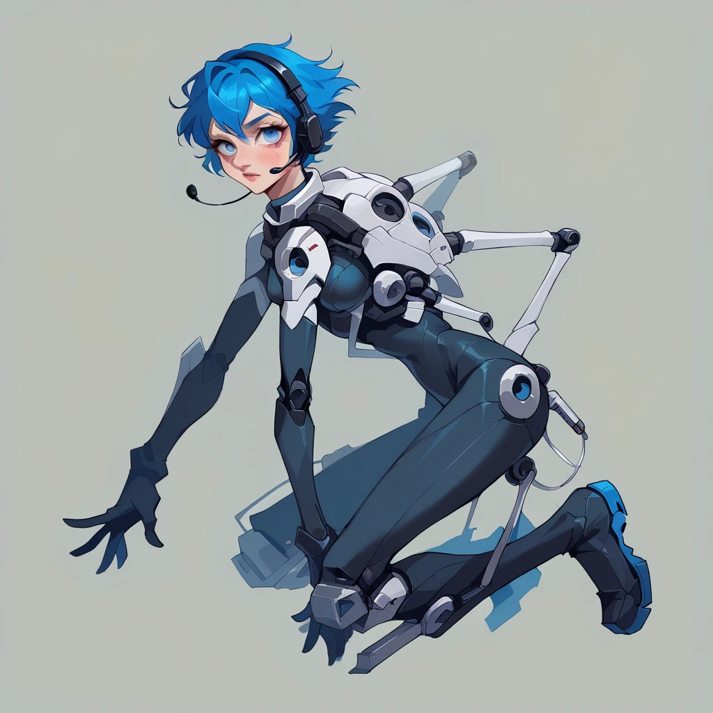 (masterpiece, highest quality, highest resolution, distinct_image, detailed details): (Solo, lone girl, Japan face, blue-haired girl, short hair, full body figure, small size breasts, sparkling blue colored eyes, pilot suit in metallic tone white and blue, black color, tight fit clothes, clothes covering the whole body, beauty, slim body, exoskeleton, knee boots, heroine, supine, Thighs open from side to side, arm-length gloves, headset)