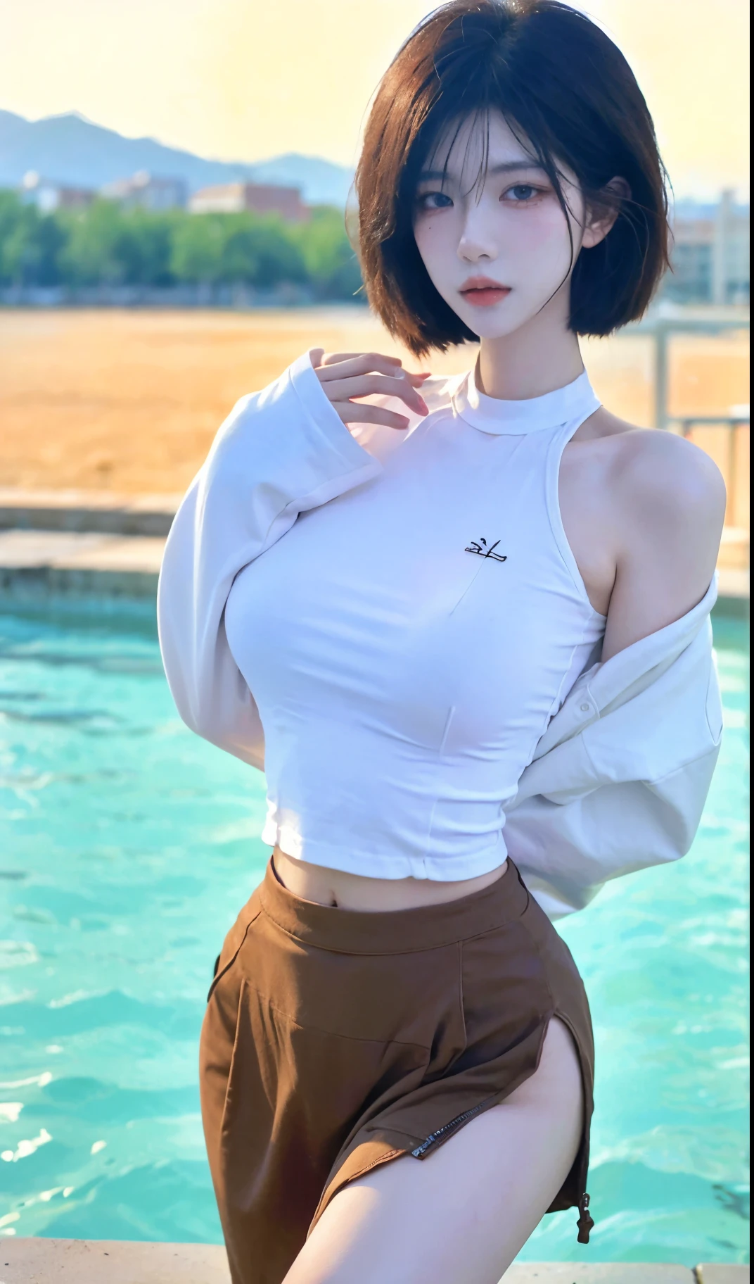 Beautiful woman with perfect figure:1.4，Ultra-high resolution，White legs，Put your hands behind your back，Swimming background，Big breasts：1.6，（Realism:1.4)，perspective，Layered hairstyle，Snow white skin，JK:1.5，Super short pleated skirt，whole body：1.4，Very delicate and skin texture，Double eyelids，Skin Whitening，Long hair，White hair

