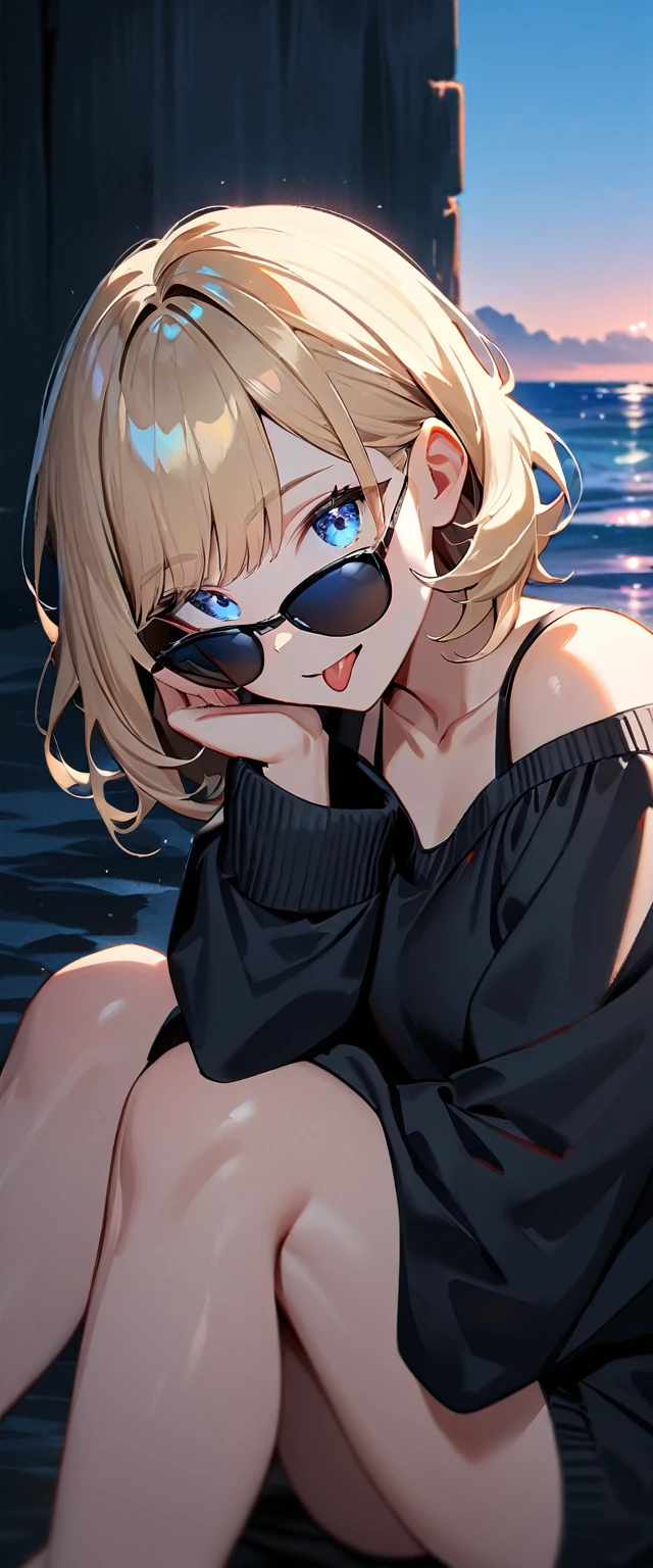 (((One girl))), (((portrait, face))), ((outward curled hair)), from side:1.3, sea, beach, evening, Sunset, ((Sitting on a cliff)), (((Bare legs))), wavy hair, blond hair, open mouth, tongue out, ((sunglasses, hand to sunglasses)), (bob cut:1.3)), breasts, standard body, (looking at viewer), oversized clothes, puffy long sleeves, collarbone, ((off-shoulder sweater dress:1.3, Quite thick shoulder straps)), (((sleeves past wrists:1.3))), ((black sweater)), teenager, head tilt:1.3, (((blue eye))), ((happy smile)), (((anime style))), (best quality, 4K, 8K, highres, masterpiece:1.2, ultra-detailed, ultra-detailed eyes, HDR, uhd, studio lighting, ultra-fine painting, sharp focus, physically-based rendering, extreme detail description, professional, vivid colors, bokeh), ((Highest quality, Best image quality, Ultra-high resolution, Ultra-high resolution, solo, Strong eye highlights)), Depth of written boundary, Natural soft light, attractive, Beautiful Face, Cleanliness, Pure Face, medium chest, Beautiful Face, Perfect Fingers, Perfect hands, Perfect body, Perfect Face, Shine a light into your eyes, Perfect Anatomy
