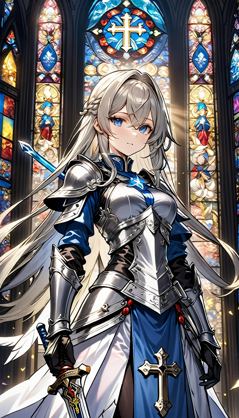 (Official Art、Highest quality、Unity 8k wallpaper、32k、masterpiece、Ultra-detailed、Ultra-high resolution、Realistic、Photorealistic:1.2)、(Cinema Lighting:1.2)、Fire Glow Effect、Film Grain、Best Shadow、Rim Light、Side light、(Highly detailed and intricate 3D rendering)、細部までBeautiful Faceと目、Sharp pupils、Realistic生徒、Slender、1men and women、Medium Bust、(whole body:1.2)、 Beautiful Face、Beautiful 16 year old girl、(Highly detailed skin、Detailed skin texture:1.3)、(Silver Blonde、Blue-silver hair:1.3)、Paladin、Long Hair、Blunt bangs、Grey Eyes、3 braids per bundle、(Blue Armor、Blue Boots、Blue Helmet、Jeweled、Gold embroidery)、Slender、Maxi Skirt、(Thighs Thighs Thighs Thighs:0.8)、(cheese、in house、Artistic stained glass、Large Pipe Organ、cross、Hello Point、Mysteriouany feathers floating、Angelic、Particles of light、Solemn、Nikko is、colorful、Fantastic:1.2)、(Fantastic:1.3)、(With the holy sword in hand:1.4)、(avert your eyes、Looking into the distance:1.3)、Fantastic、Laughing with your mouth open