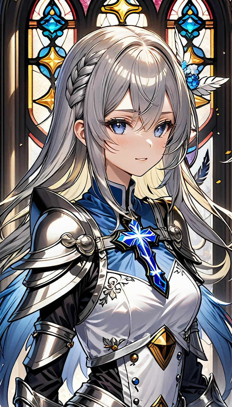 (Official Art、Highest quality、Unity 8k wallpaper、32k、masterpiece、Ultra-detailed、Ultra-high resolution、Realistic、Photorealistic:1.2)、(Cinema Lighting:1.2)、Fire Glow Effect、Film Grain、Best Shadow、Rim Light、Side light、(Highly detailed and intricate 3D rendering)、細部までBeautiful Faceと目、Sharp pupils、Realistic生徒、Slender、1men and women、Medium Bust、(whole body:1.2)、 Beautiful Face、Beautiful 16 year old girl、(Highly detailed skin、Detailed skin texture:1.3)、(Silver Blonde、Blue-silver hair:1.3)、Paladin、Long Hair、Blunt bangs、Grey Eyes、3 braids per bundle、(Blue Armor、Blue Boots、Blue Helmet、Jeweled、Gold embroidery)、Slender、Maxi Skirt、(Thighs Thighs Thighs Thighs:0.8)、(cheese、in house、Artistic stained glass、Large Pipe Organ、cross、Hello Point、Mysteriouany feathers floating、Angelic、Particles of light、Solemn、Nikko is、colorful、Fantastic:1.2)、(Fantastic:1.3)、(With the holy sword in hand:1.4)、(avert your eyes、Looking into the distance:1.3)、Fantastic、Laughing with your mouth open