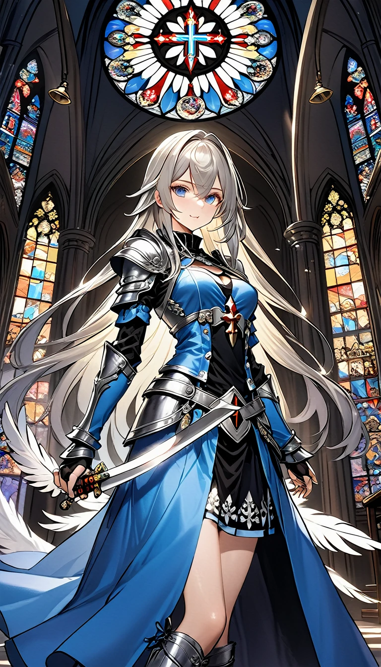 (Official Art、Highest quality、Unity 8k wallpaper、32k、masterpiece、Ultra-detailed、Ultra-high resolution、Realistic、Photorealistic:1.2)、(Cinema Lighting:1.2)、Fire Glow Effect、Film Grain、Best Shadow、Rim Light、Side light、(Highly detailed and intricate 3D rendering)、細部までBeautiful Faceと目、Sharp pupils、Realistic生徒、Slender、１men and women、Medium Bust、(whole body:1.2)、 Beautiful Face、Beautiful 16 year old girl、(Highly detailed skin、Detailed skin texture:1.3)、(Silver Blonde、Blue-silver hair:1.3)、Paladin、Long Hair、Blunt bangs、Grey Eyes、3 braids per bundle、(Blue Armor、Blue Boots、Blue Helmet、Jeweled、Gold embroidery)、Slender、Maxi Skirt、(Thighs Thighs Thighs Thighs:0.8)、(cheese、in house、Artistic stained glass、Large Pipe Organ、cross、Hello Point、Mysteriouany feathers floating、Angelic、Particles of light、Solemn、Nikko is、colorful、Fantastic:1.2)、(Fantastic:1.3)、(With the holy sword in hand:1.4)、(avert your eyes、Looking into the distance:1.3)、Fantastic、Laughing with your mouth open