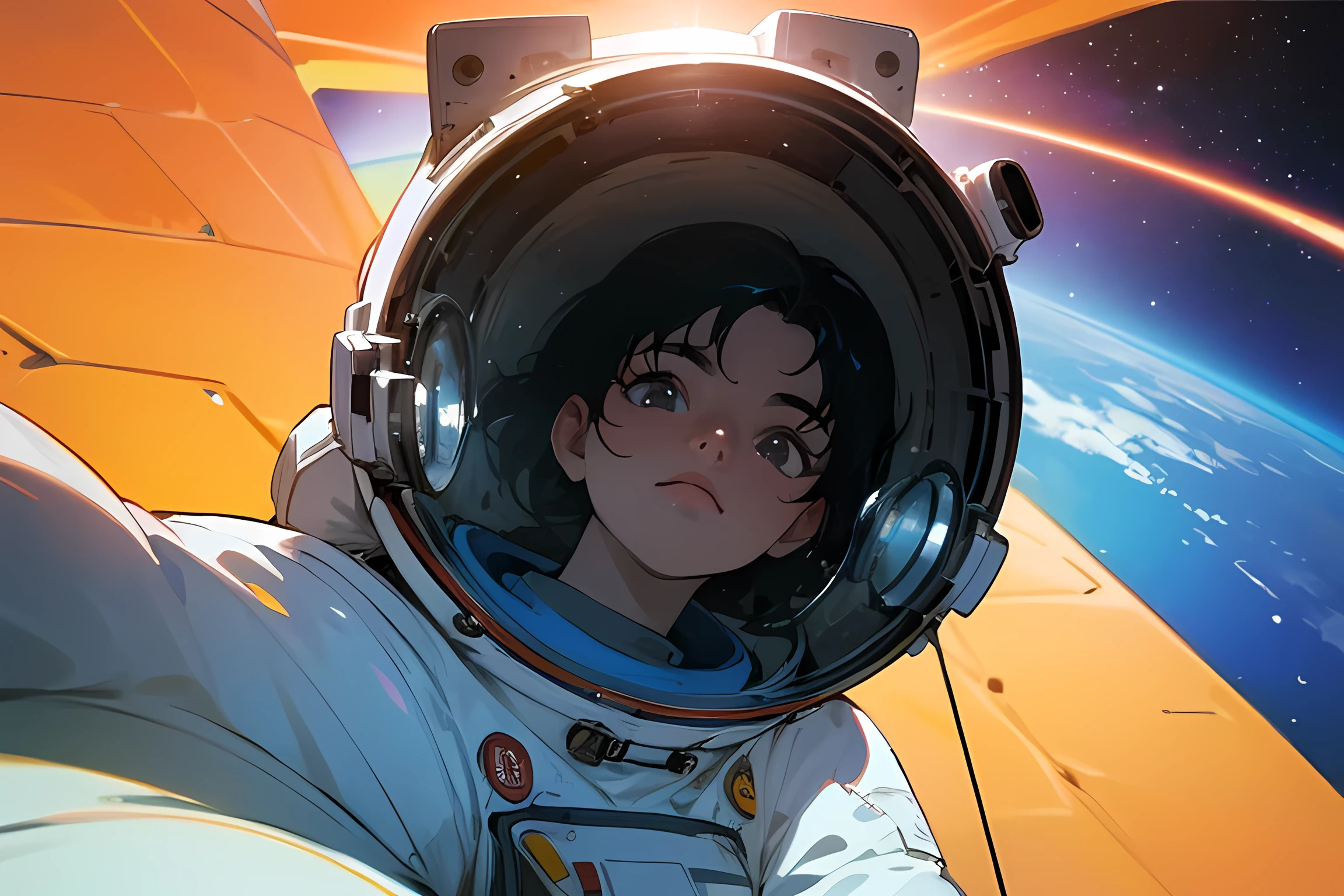 A close-up of an astronaut, showing the Earth's horizon, 2001 A Space Odyssey, (best quality, masterpiece, highres:1.2), detailed, 