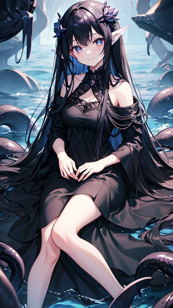 Black Hair、long hair、Iris、smile、Black dress、Dark Deep Sea、The deep sea where no light reaches、Tentacles、Invitation、4K、high resolution、masterpiece
