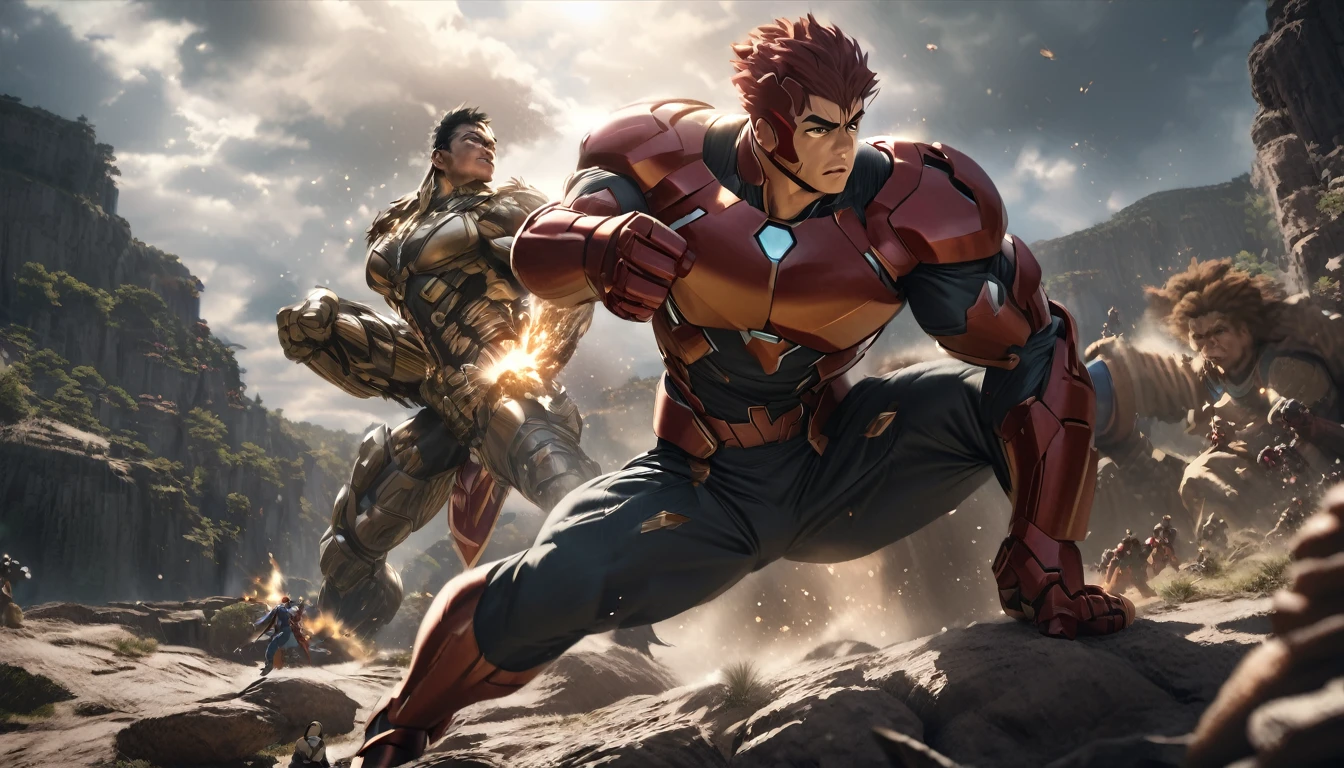 Cristiano Ronaldo fighting against Son Goku in Midlearth, Ironman sitting with Black Widow, highly detailed, cinematic lighting, dramatic action pose, muscular figures, epic fantasy landscape, photorealistic, 8k, award winning digital art
