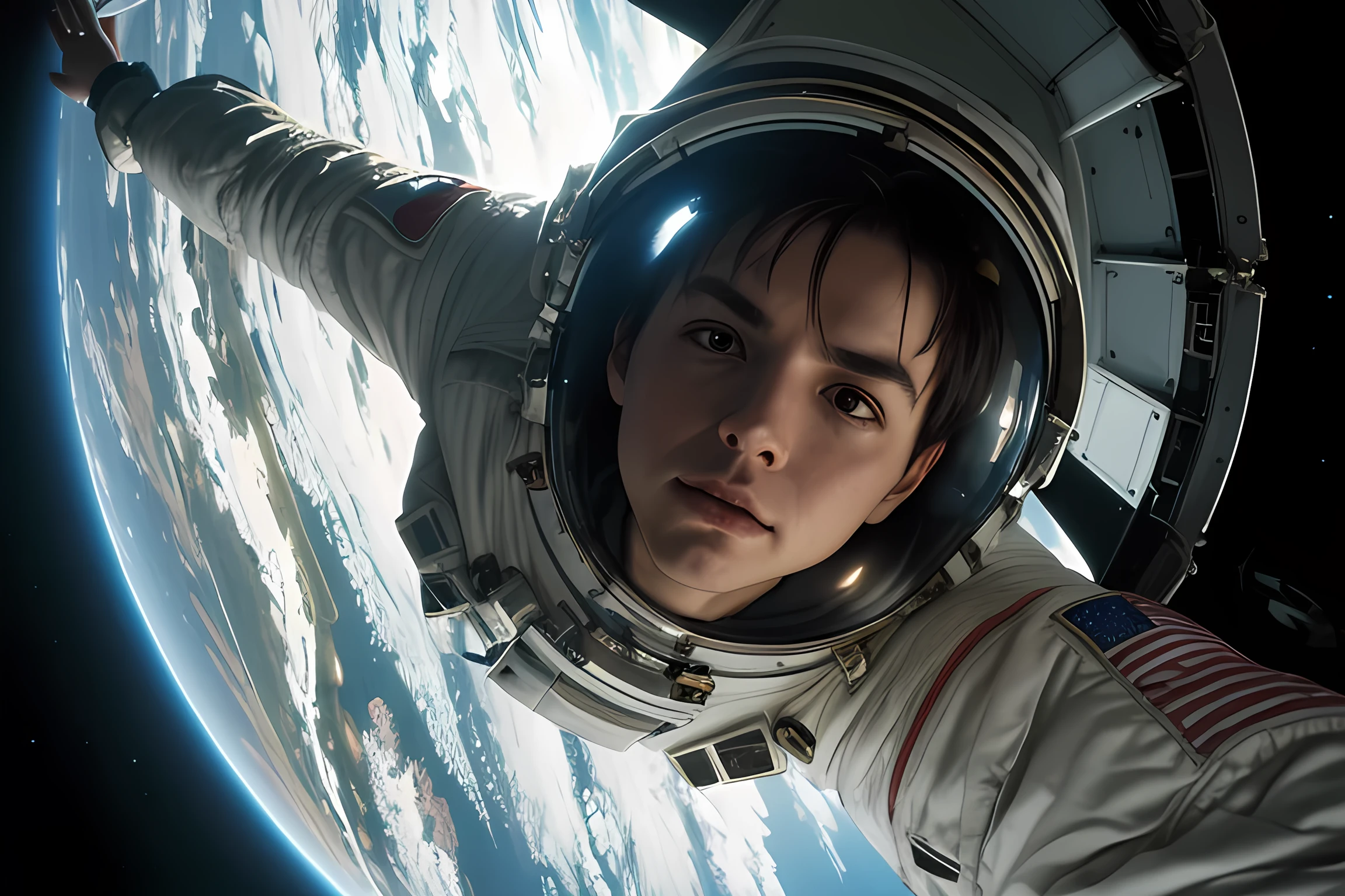 A close-up of an astronaut, showing the Earth's horizon, 2001 A Space Odyssey, (best quality, masterpiece, highres:1.2), detailed, 