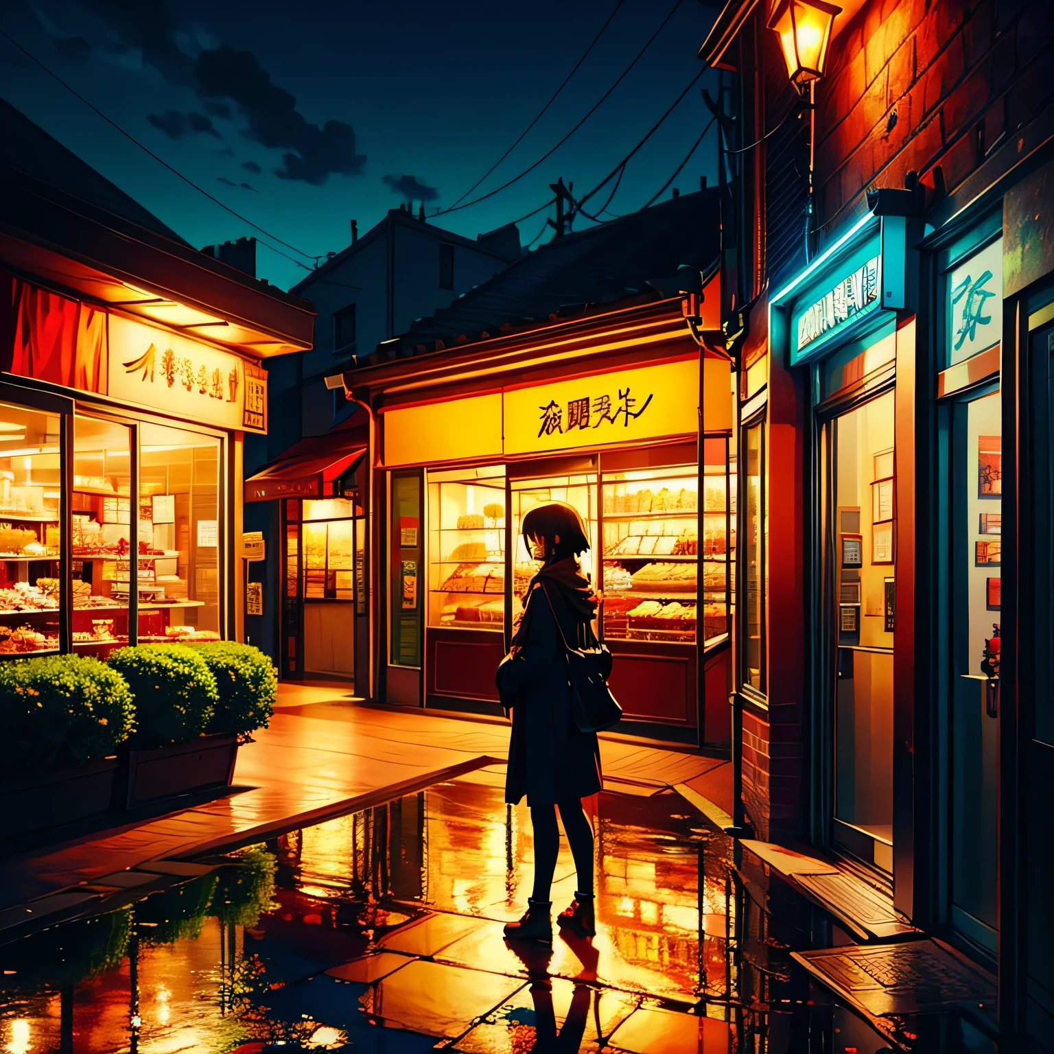 City flower shop, potted plants, flower, rainny night,water reflection puddle,oriental design, hanging lights , digital painting, sunset,wind up,concept art, illustration, intricate, many people, hanging lights, happy, beautiful colorful light, flower, plants ((tileset)) Anime - City street style scene, a woman waiting in front of a store, anime background art, detailed scenery - width 672, anime landscape concept art, anime style cityscape, Studio Ghibli anime style, Studio Ghibli art style, Studio Ghibli program, anime landscape, Studio Ghibli art style, Landscape artwork, Beautiful anime landscape, Forest city street, Ghibli art style, cake shop, cake shop, bakery cake shop, Makoto Shinkai style, Makoto Shinkai anime, Shinkai Makoto art style, insanely detailed, ((tmasterpiece)), absurdres, HDR, UHD, varied multi etc. --v6 --s1000 --c20 --q5 --chaos100