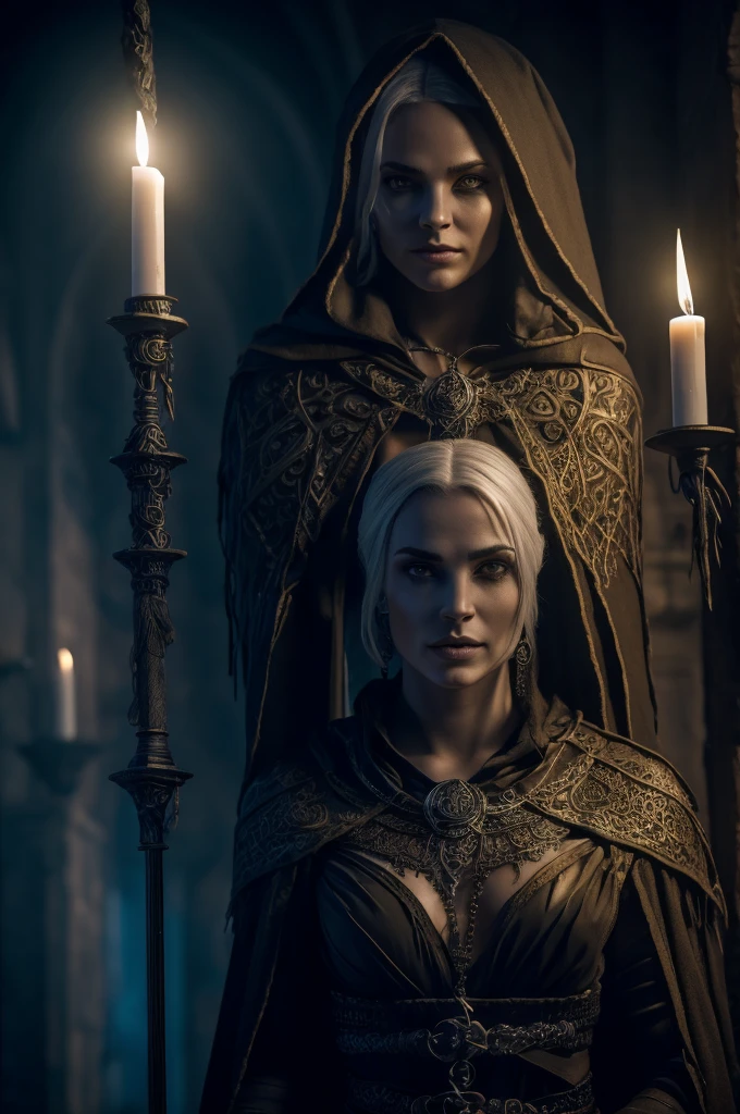 a dark elf necromancer with black robes, glowing eyes, intricate tattoos on face and arms, holding a glowing staff, in a dark dungeon setting with flickering candles, gothic architecture, cobweb covered walls, (best quality, masterpiece:1.2), ultra-detailed, (realistic, photo-realistic:1.37), dark fantasy, chiaroscuro lighting, moody atmosphere, dramatic lighting, photorealistic, cinematic, 4k, 8k, highres, UHD, retina, masterpiece, accurate, anatomically correct, textured skin, super detail, high details, high quality, award winning, best quality, highres, 1080P, HD, 4K, 8k, 16k, elf ear, grey skin, cannibal, blood, bones, sadic smile