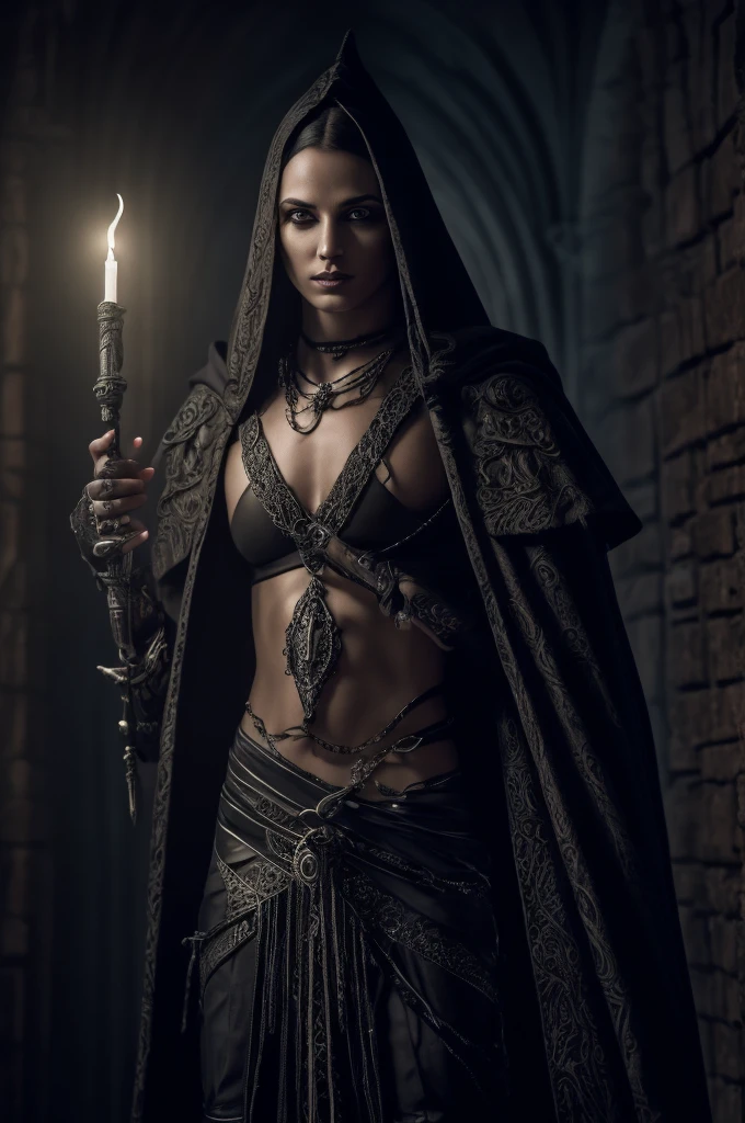 a dark elf necromancer with black robes, glowing eyes, intricate tattoos on face and arms, holding a glowing staff, in a dark dungeon setting with flickering candles, gothic architecture, cobweb covered walls, (best quality, masterpiece:1.2), ultra-detailed, (realistic, photo-realistic:1.37), dark fantasy, chiaroscuro lighting, moody atmosphere, dramatic lighting, photorealistic, cinematic, 4k, 8k, highres, UHD, retina, masterpiece, accurate, anatomically correct, textured skin, super detail, high details, high quality, award winning, best quality, highres, 1080P, HD, 4K, 8k, 16k, elf ear, grey skin, cannibal, blood, bones, sadic smile
