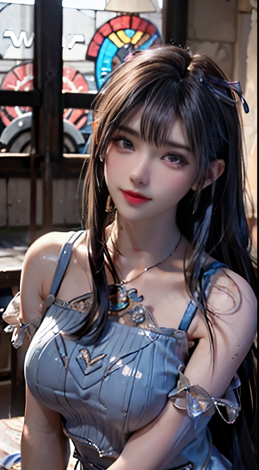 (logo, masterpiece, 8K, Tabletop, RAW Photos, wonderful, 最high quality, Photorealistic and very detailed CG composite 8k wallpaper, high quality, Very detailed, Narrative poem, Particle Effects, Dynamic Effects, Depth of the Boundary, Cinematic Light, Lens flare, Ray Tracing), short hair beautiful young woman, Hair tied back, high detail skin, very fine, fine skin texture, beautiful face, realistic eyes, beautifully detailed eyes, realistic skin, beautiful skin, surreal, smiling eyes, Hair and light eyes, Vibrant, Colorful lights and bokeh. The lighting casts a warm glow on her face and hair, Blue glow, Water surface reflection, Creates a dreamy and magical atmosphere, Big Breasts, Brown Hair, short hair, plump lower lip, pink blush on the cheeks , pink lips, brown tight no-shoulder knit sweater
