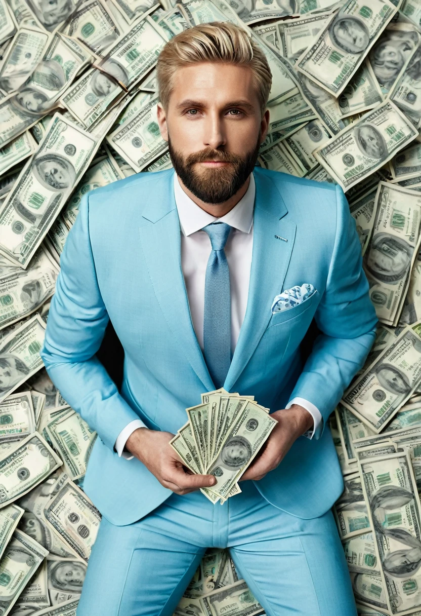((best qualityer)), 1 Men, short beard, slightly blonde hair, wearing light blue suit, half of the body seen from above, holding money