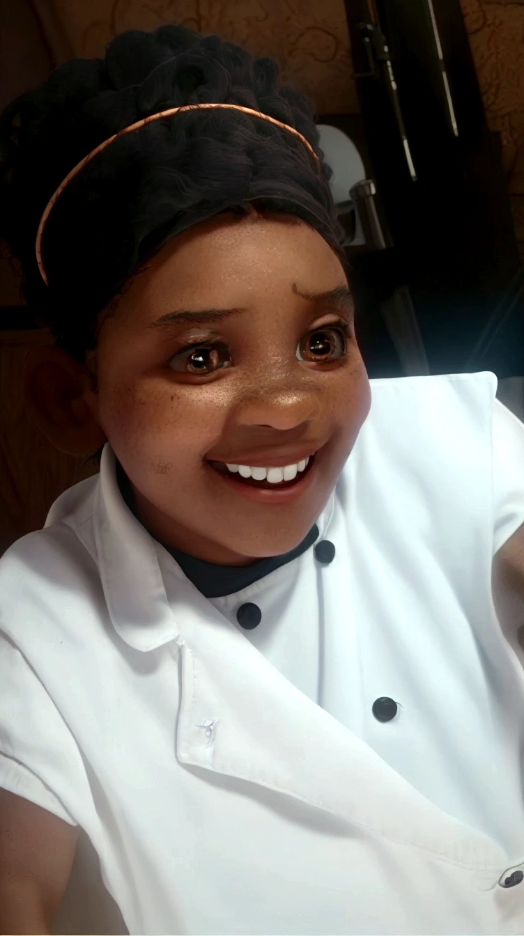 A little 6 year old, with long, very curly dark brown hair, completely frizzy hair, darkskin, eyes browns, dressed in a white chef's jacket, black pants, wearing a typical tall white chef's hat, smiles showing a delicious plate of steaming food. Disney pixar style image