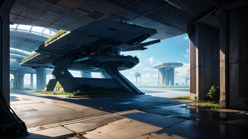 create a scenario of the entrance to an abandoned futuristic spaceship base. as if it were an airport for ships. futuristic scenario of this organization's square. It must be an RPG scenario. seen from above, but not too far away