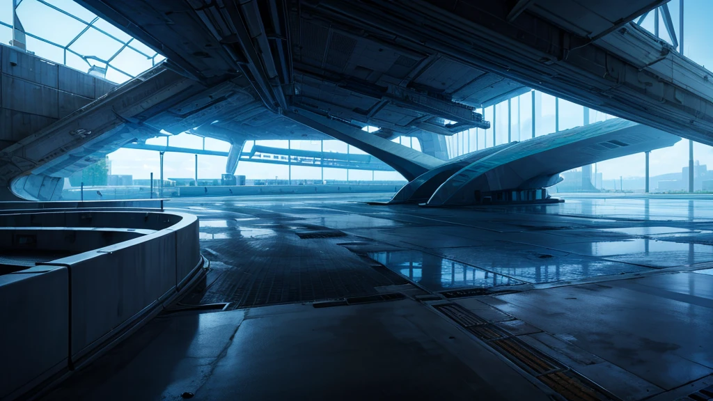 create a scenario of the entrance to an abandoned futuristic spaceship base. as if it were an airport for ships. futuristic scenario of this organization's square. It must be an RPG scenario. seen from above, but not too far away