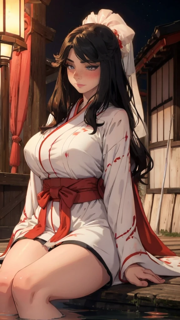 A beautiful woman, detailed red eyes, By the wide water, during, She is wearing a white kimono with red details., some shorts, japanese village at night, front view, blush, perfect hands, good anatomy, curvy, she has a golden katana.