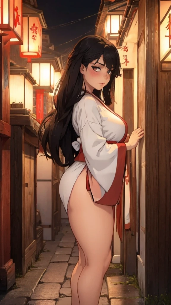 A beautiful woman, detailed red eyes, By the wide water, during, She is wearing a white kimono with red details., some shorts, japanese village at night, front view, blush, perfect hands, good anatomy, curvy, she has a golden katana. 