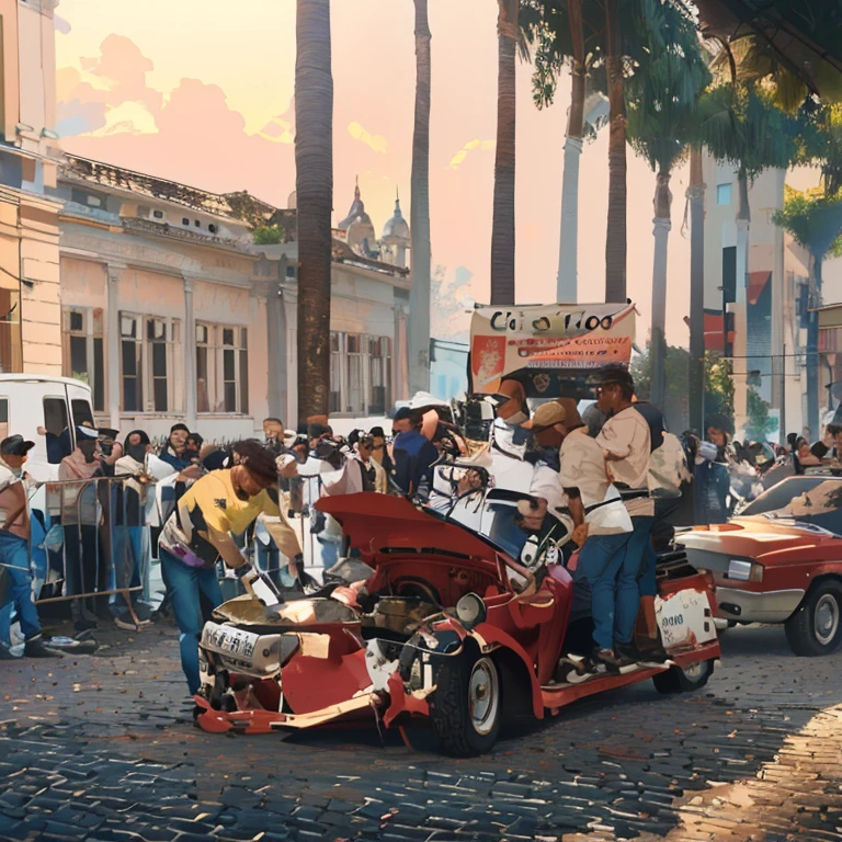as pessoas estão reunidas em torno off a car rosa com o capô quebrado, carro feito off carne, by Juan Carlos Stekelman, by Ceferí Olive, by Jacob Pynas, a car, festival, highly artistic, off, by Veno Pilon, Description, Muito pooffroso, racing, unusual composition, cool appearance, por Joe Bowler